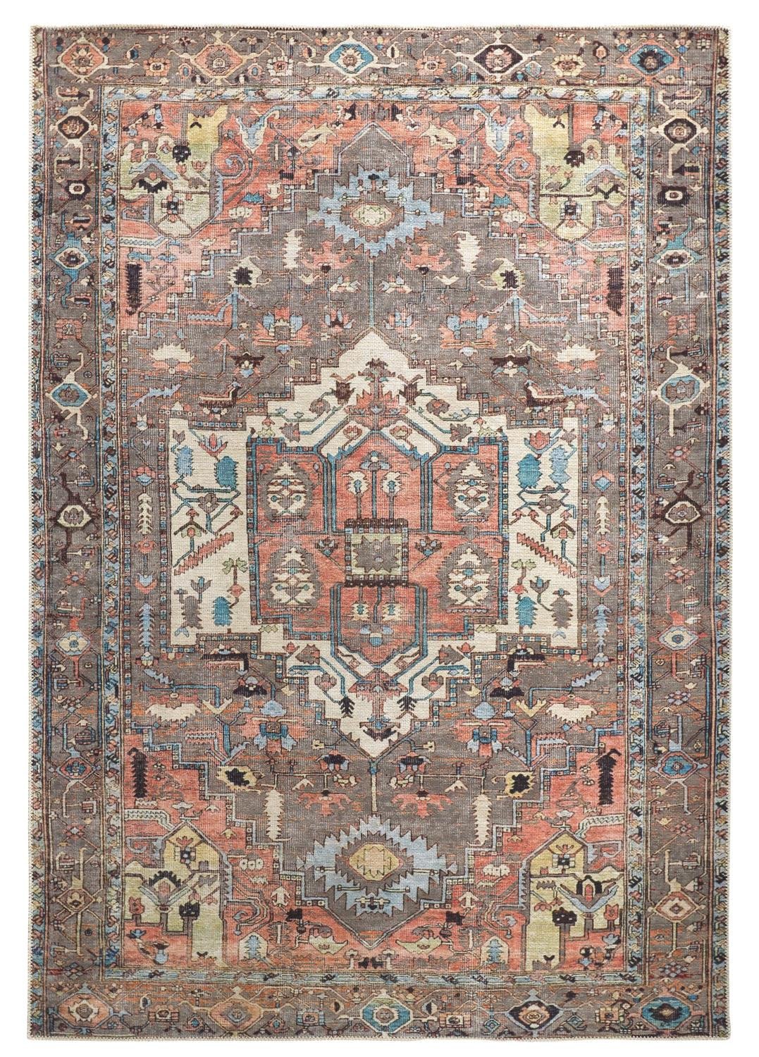 5" X 8" Taupe Red And Brown Floral Area Rug