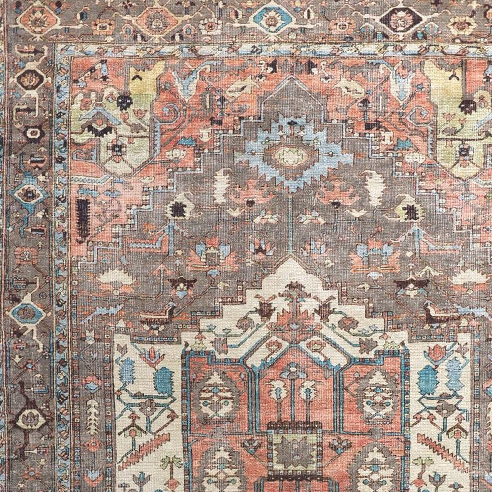 5" X 8" Taupe Red And Brown Floral Area Rug