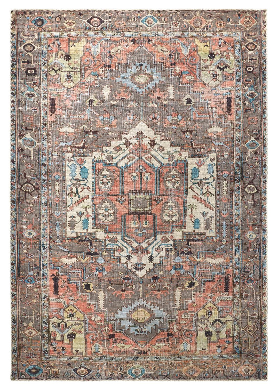 5" X 8" Taupe Red And Brown Floral Area Rug