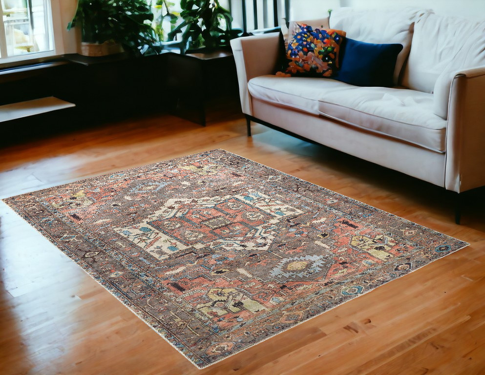 5" X 8" Taupe Red And Brown Floral Area Rug