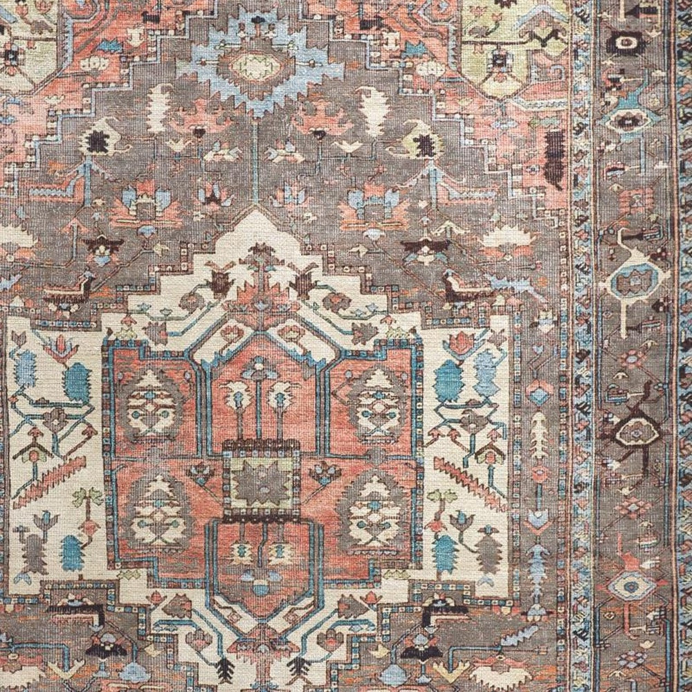 9" X 12" Taupe Red And Brown Floral Area Rug