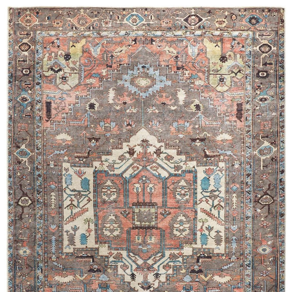 9" X 12" Taupe Red And Brown Floral Area Rug