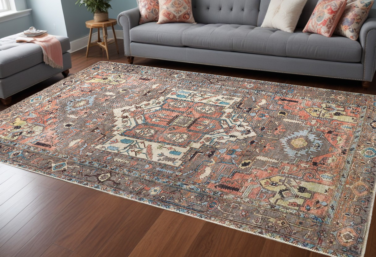9" X 12" Taupe Red And Brown Floral Area Rug