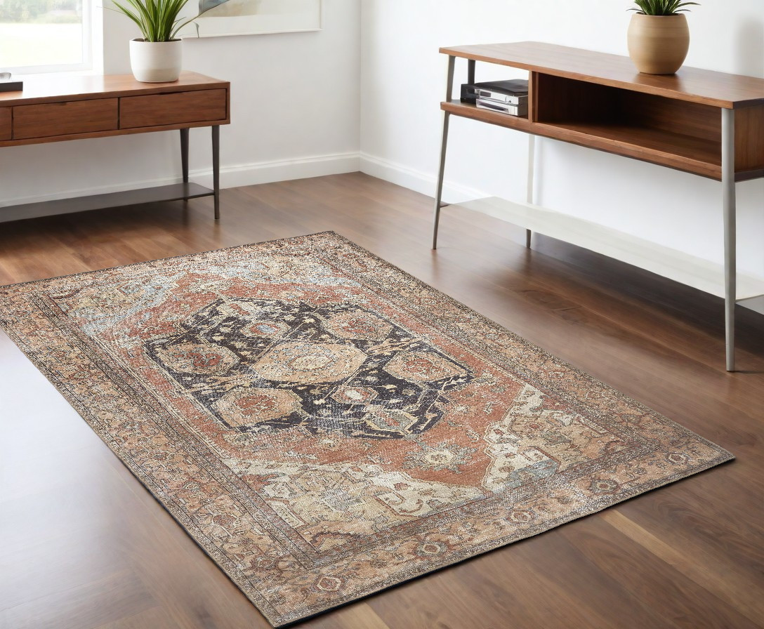 4" X 6" Orange Brown And Taupe Abstract Area Rug