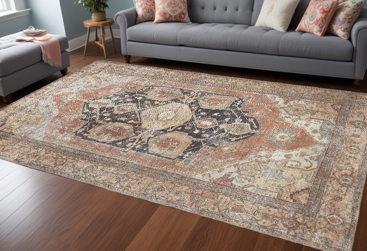 9" X 12" Orange Brown And Taupe Abstract Area Rug
