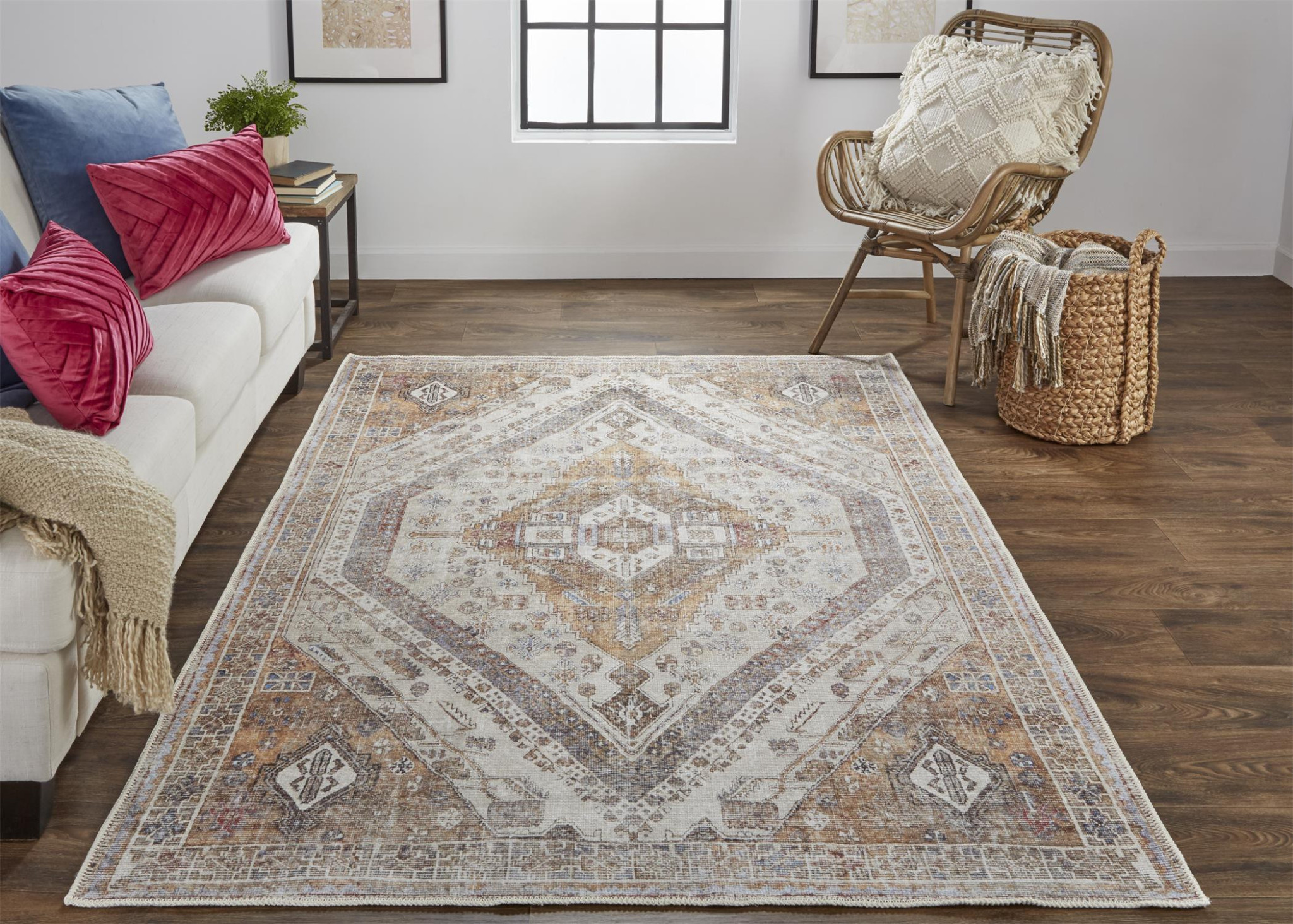 5" X 8" Ivory Blue and Orange Medallion Distressed Washable Area Rug