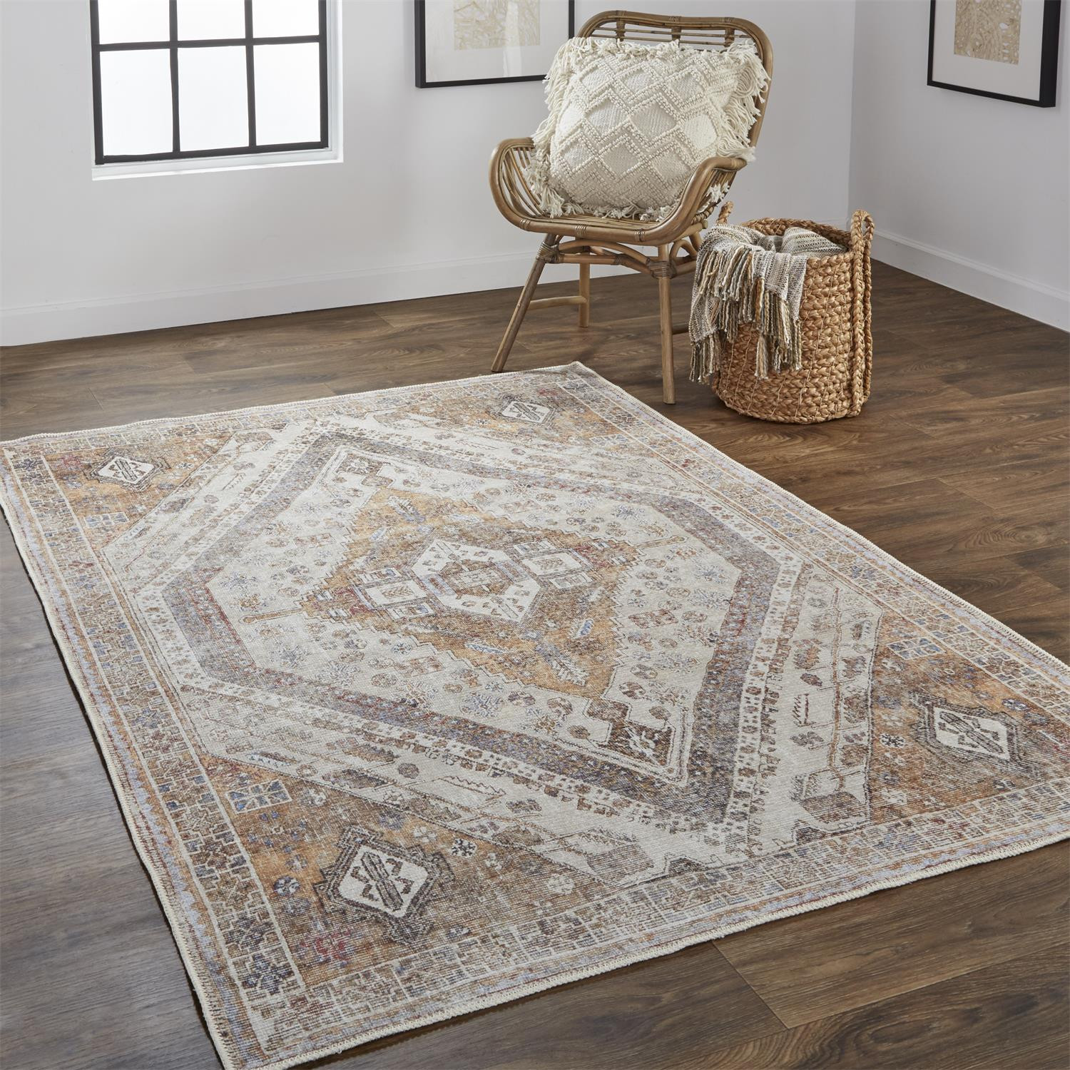 5" X 8" Ivory Blue and Orange Medallion Distressed Washable Area Rug