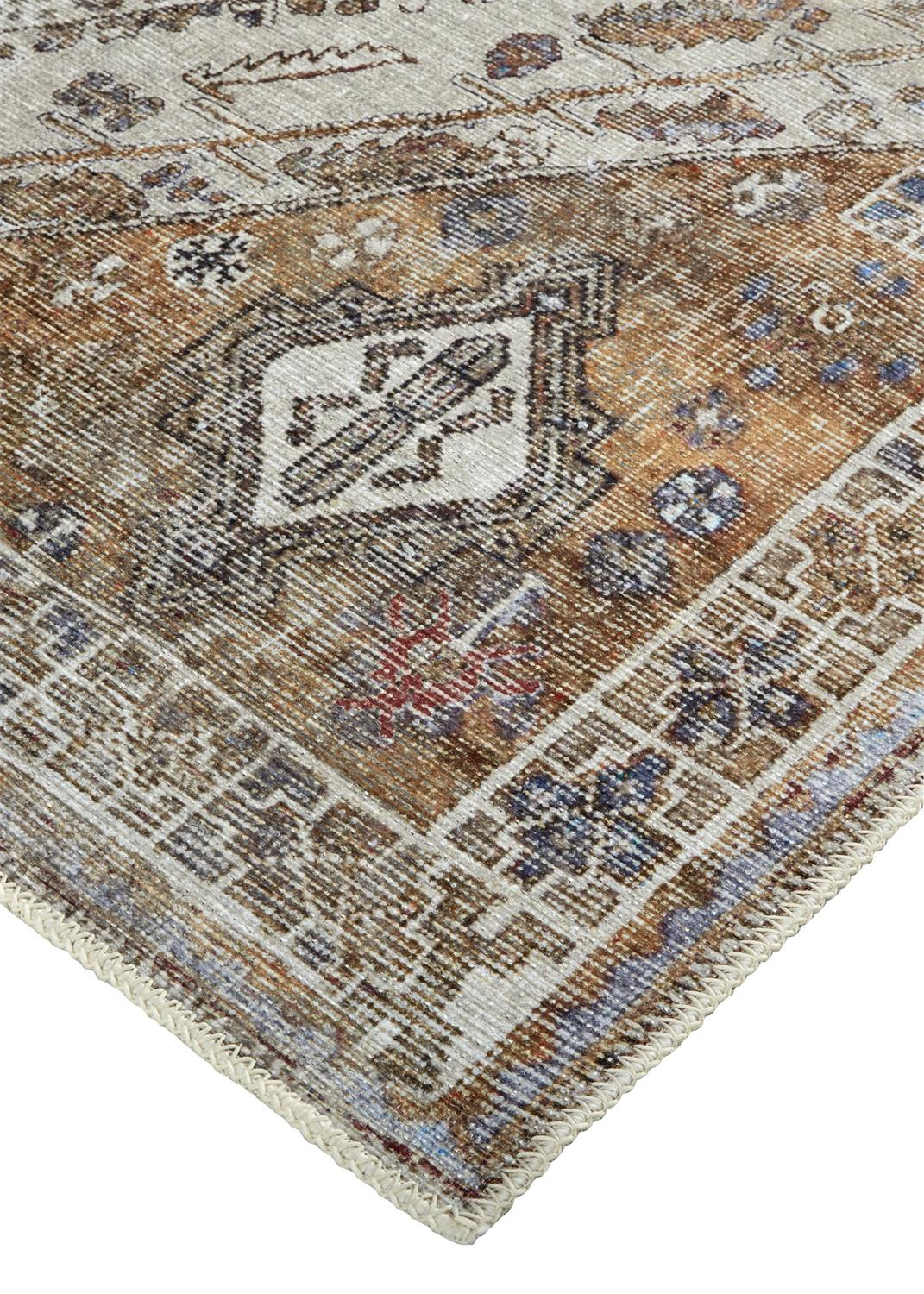 5" X 8" Ivory Blue and Orange Medallion Distressed Washable Area Rug