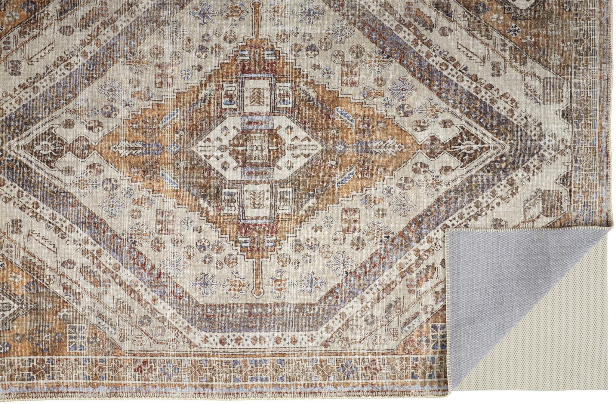 5" X 8" Ivory Blue and Orange Medallion Distressed Washable Area Rug