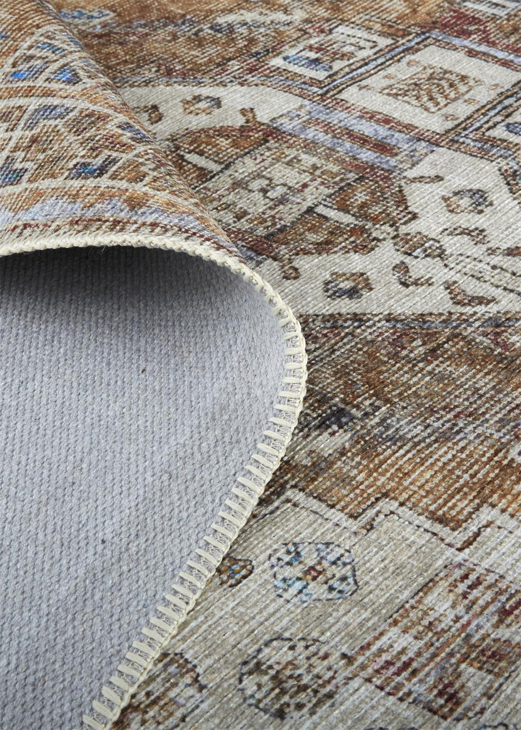 5" X 8" Ivory Blue and Orange Medallion Distressed Washable Area Rug