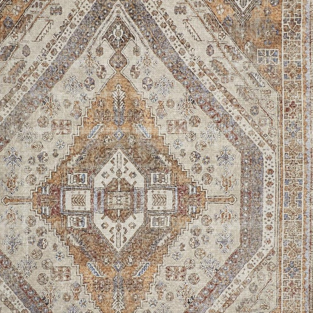 5" X 8" Ivory Blue and Orange Medallion Distressed Washable Area Rug