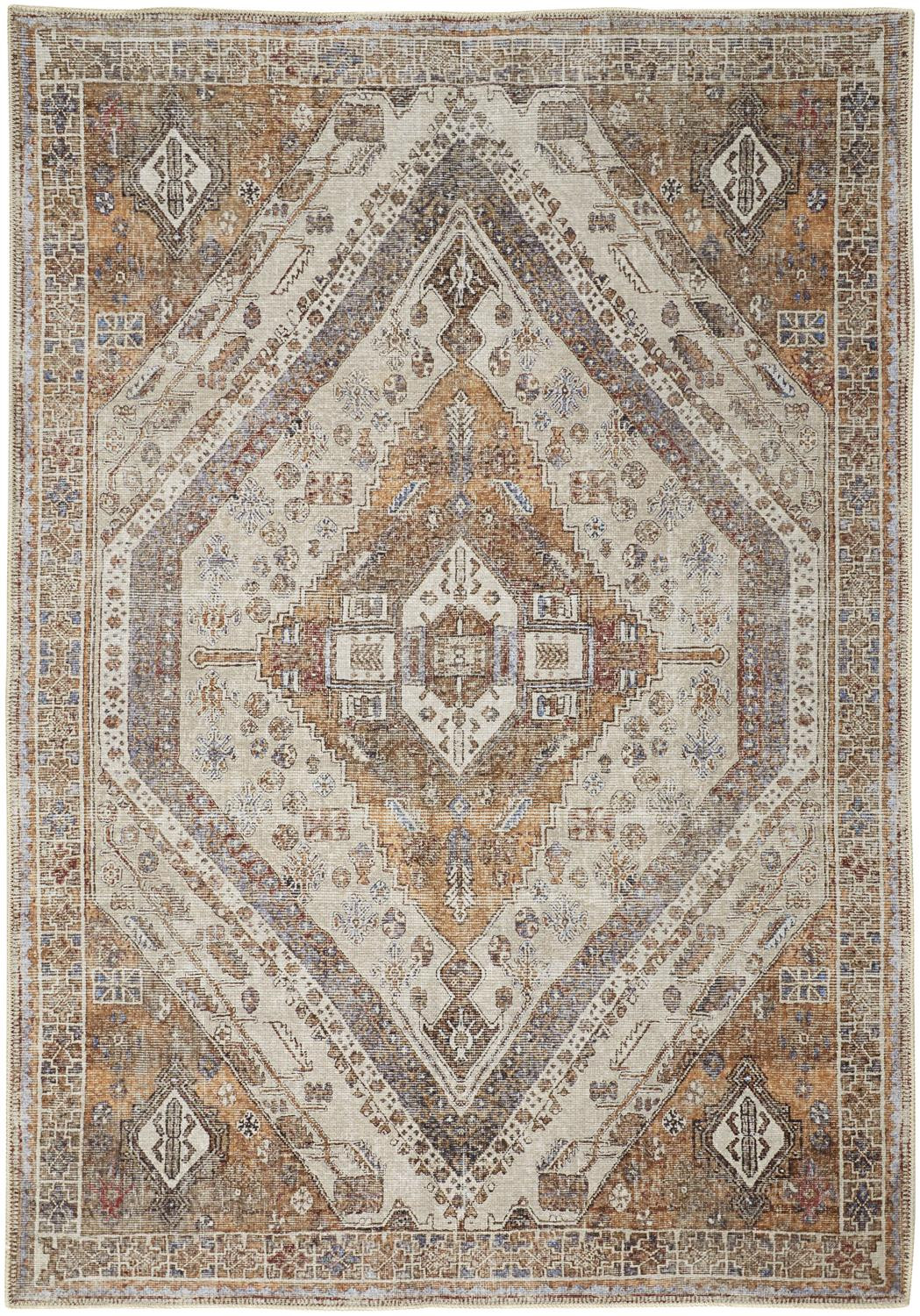 8" X 10" Ivory Blue and Orange Medallion Distressed Washable Area Rug