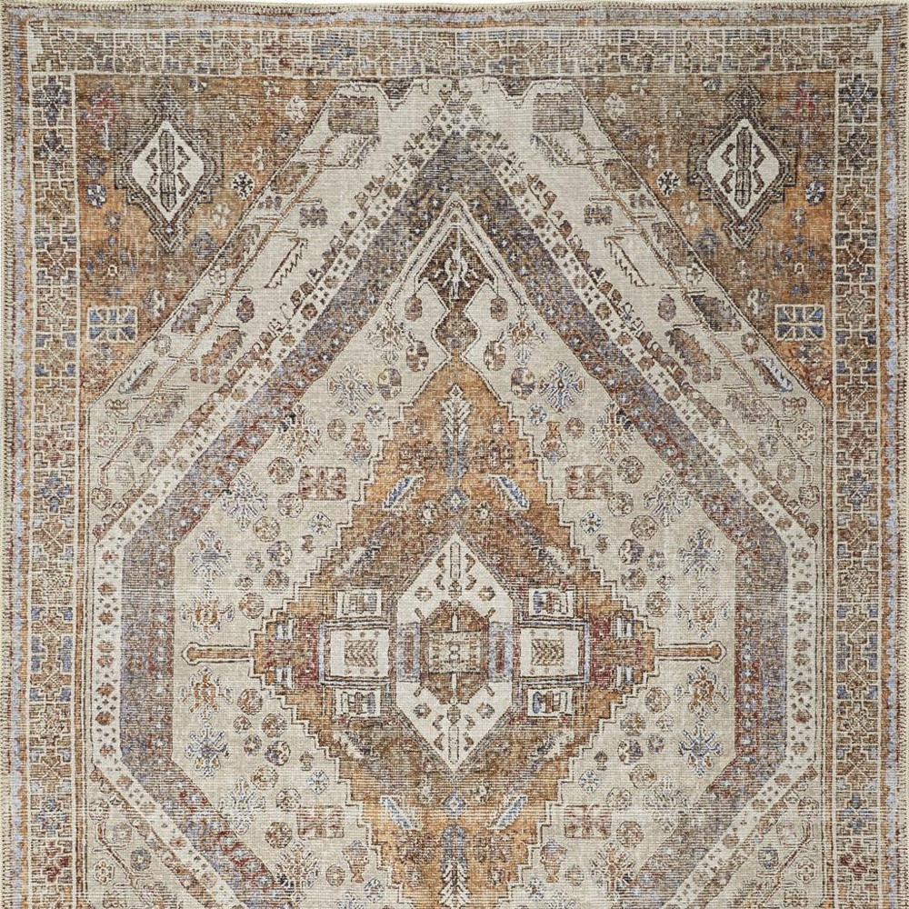 8" X 10" Ivory Blue and Orange Medallion Distressed Washable Area Rug