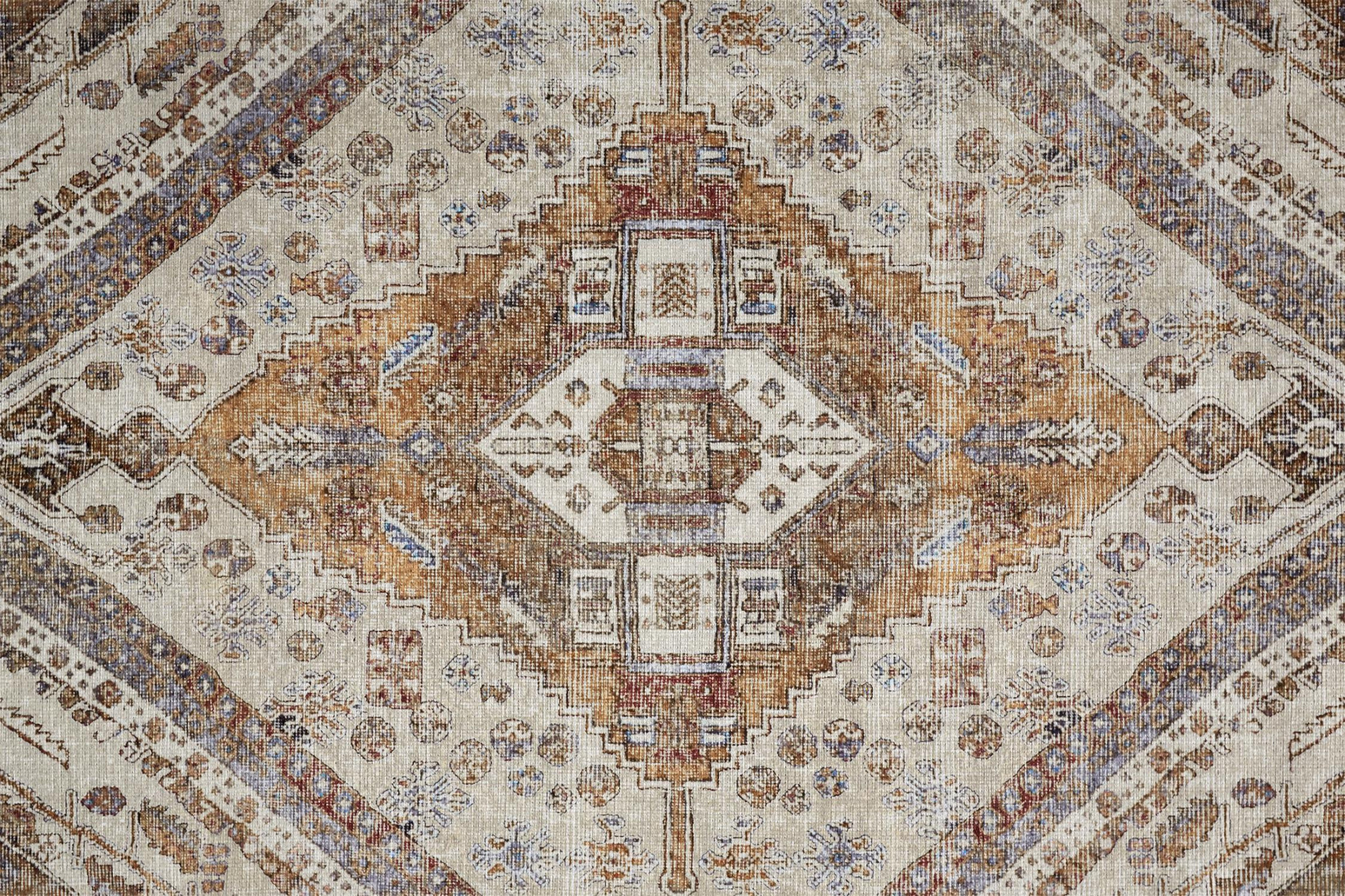 8" X 10" Ivory Blue and Orange Medallion Distressed Washable Area Rug