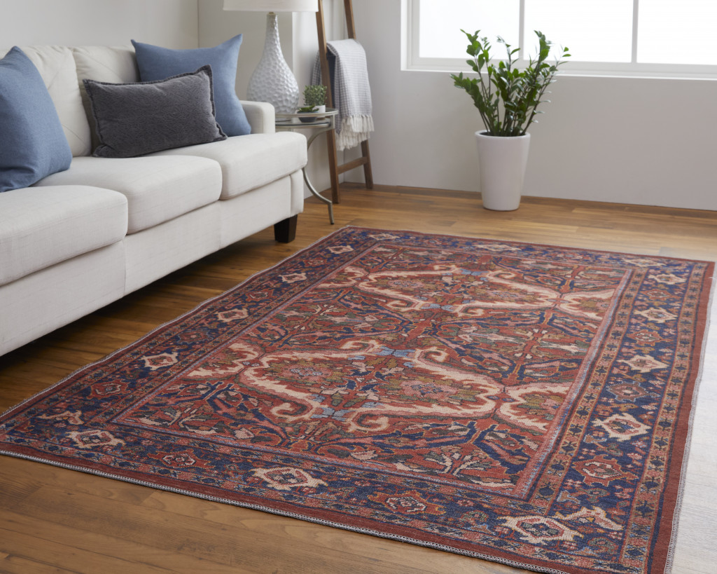 9' X 12' Red Tan And Blue Floral Power Loom Area Rug-515150-3