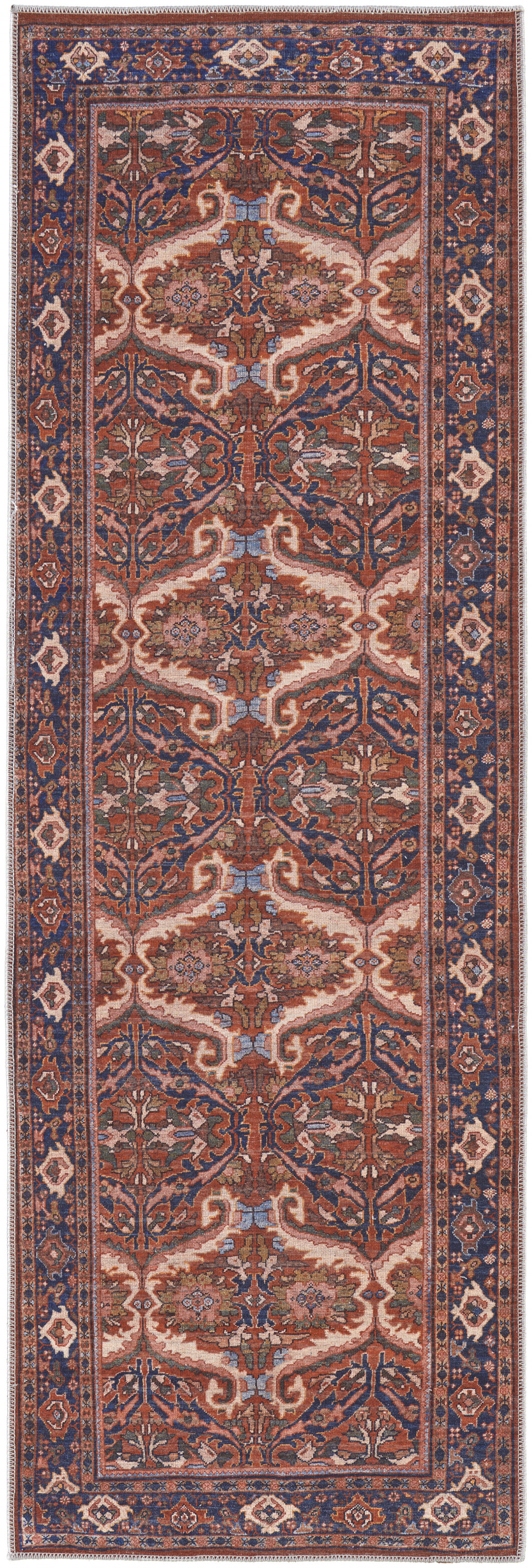 8' Red Tan And Blue Floral Power Loom Runner Rug-515152-1