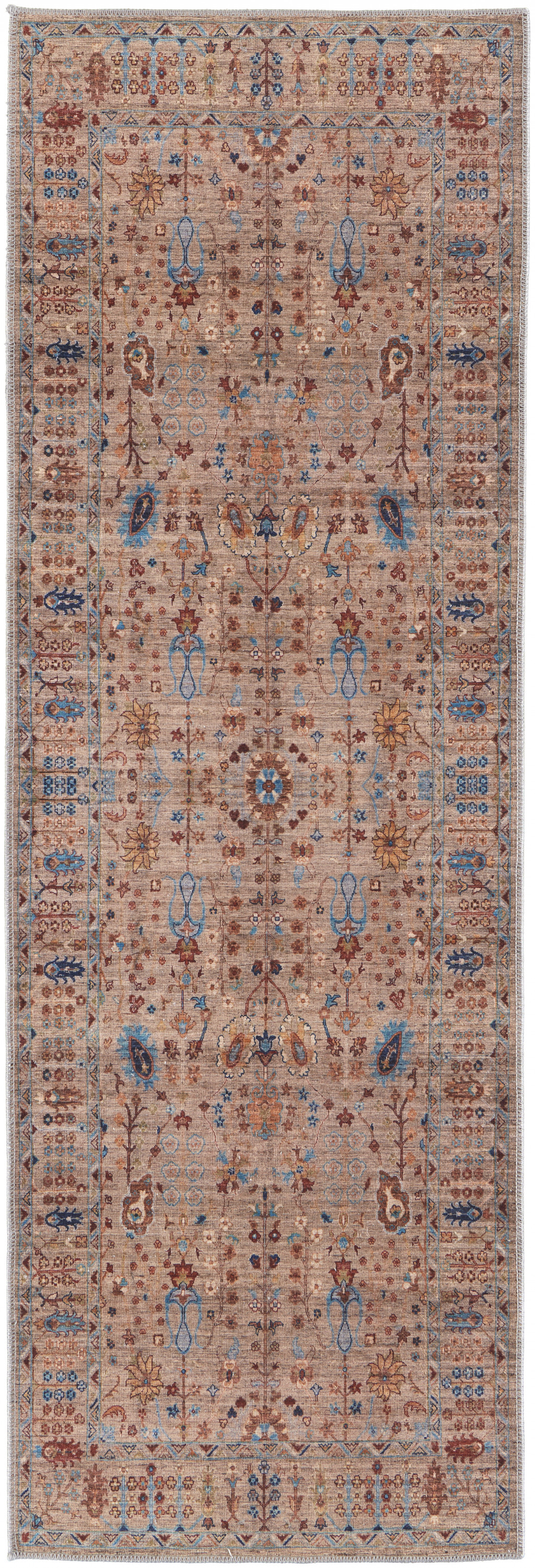 8' Tan Pink And Blue Floral Power Loom Runner Rug-515166-1
