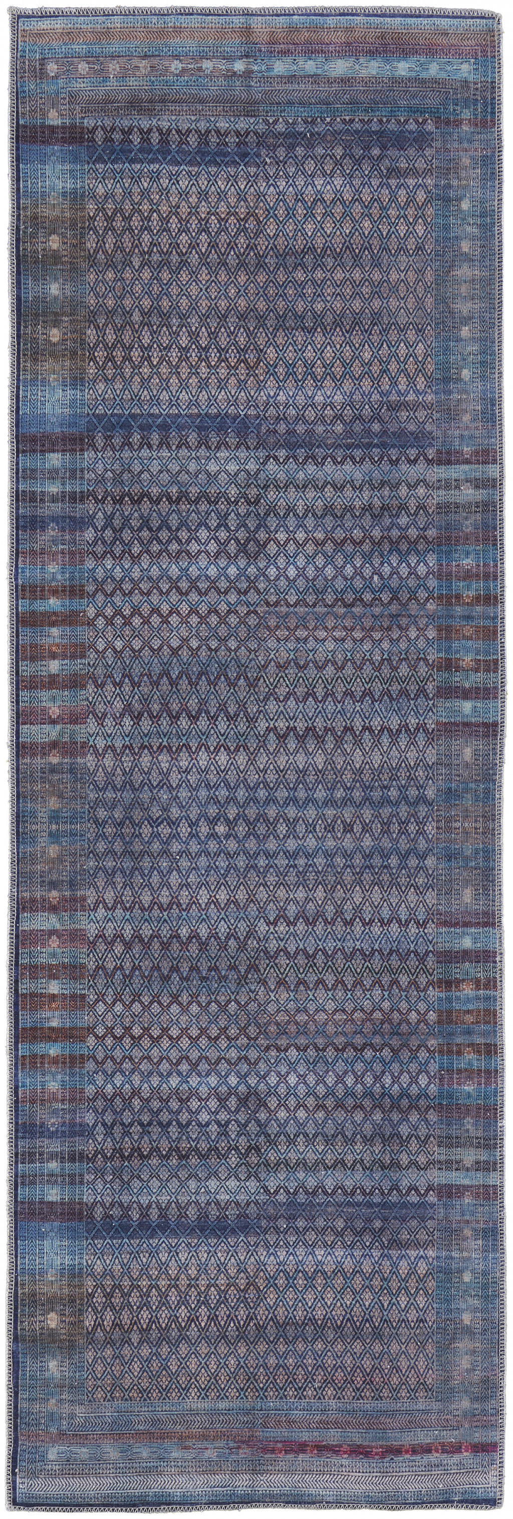 8' Tan Blue And Pink Striped Power Loom Runner Rug-515208-1