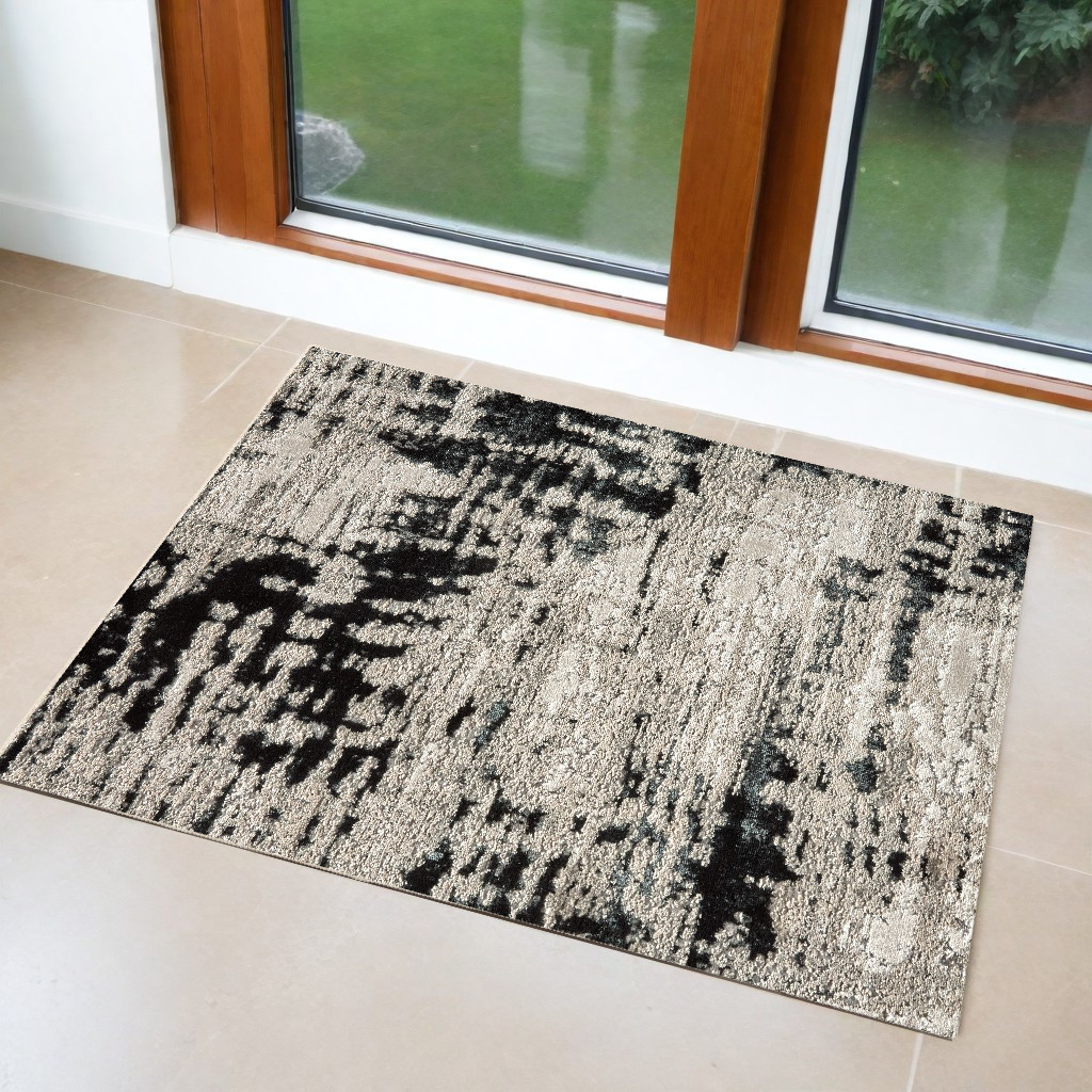 2" X 3" Black White And Gray Stain Resistant Area Rug