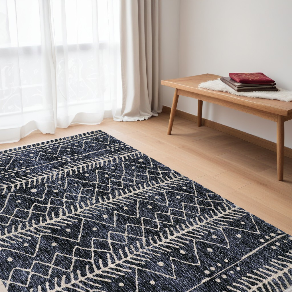 5" X 8" Blue And Ivory Striped Stain Resistant Area Rug