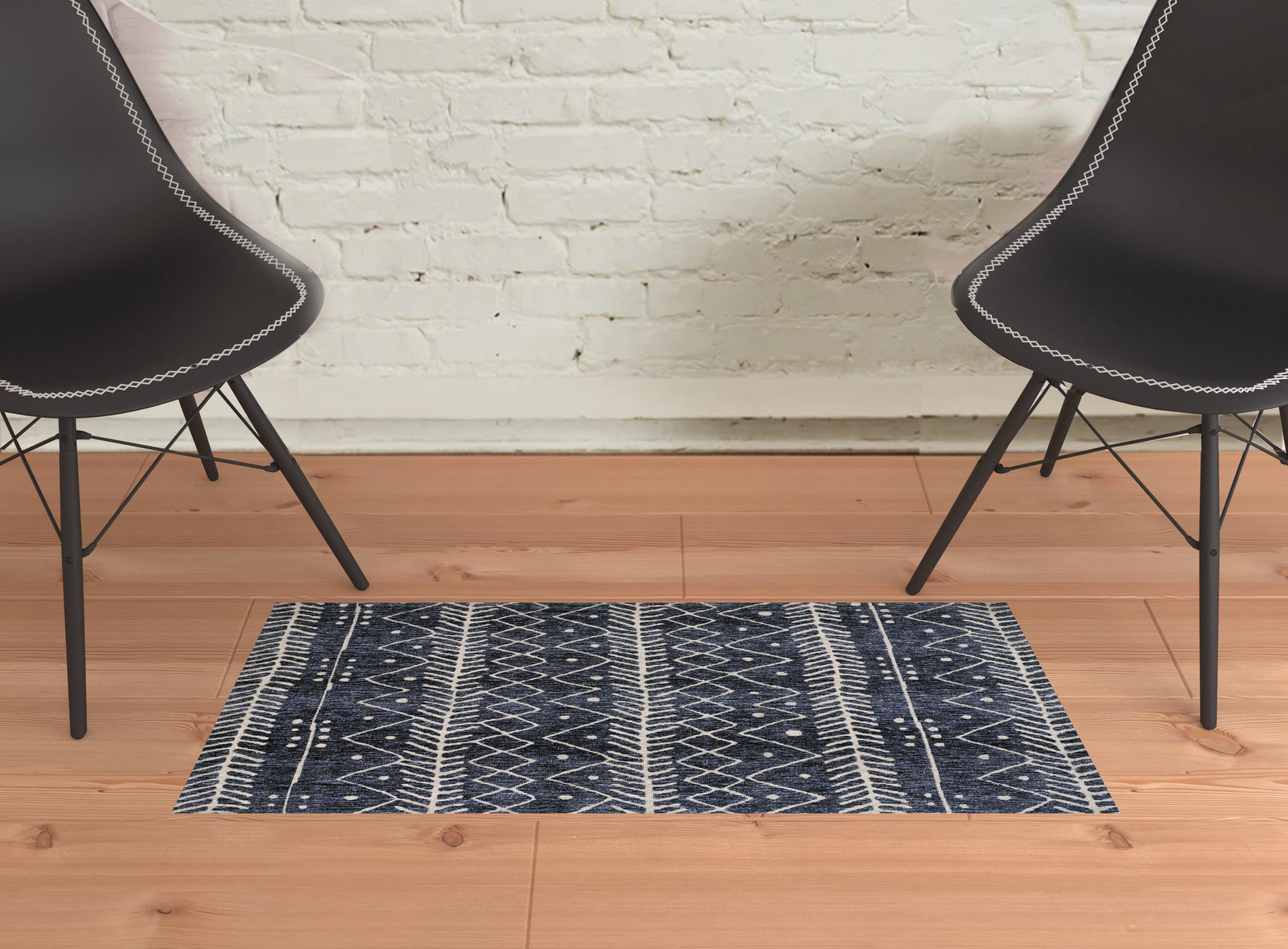 2" X 3" Blue And Ivory Striped Stain Resistant Area Rug