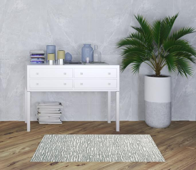 3" X 5" Gray Green And Ivory Striped Distressed Stain Resistant Area Rug