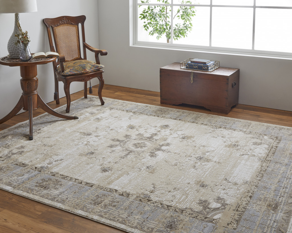 8" X 10" Tan Brown And Gray Power Loom Distressed Area Rug
