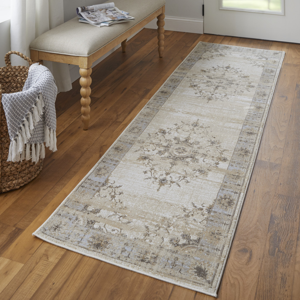 8" Brown and Ivory Oriental Power Loom Distressed Runner Rug
