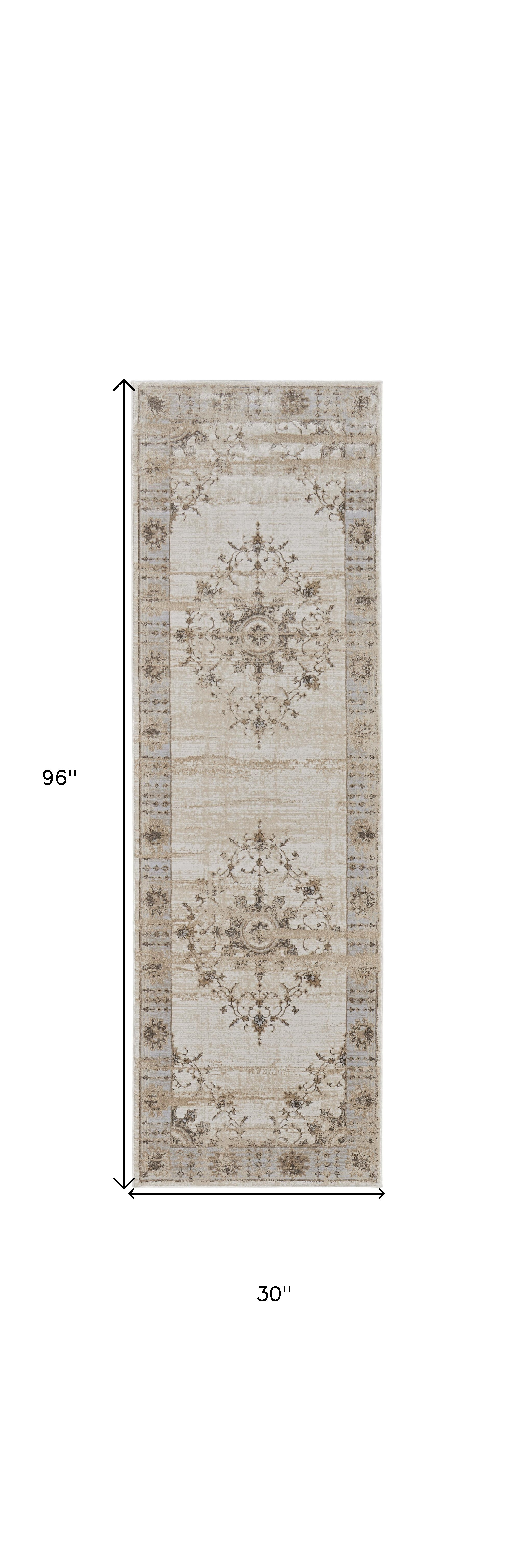 8" Brown and Ivory Oriental Power Loom Distressed Runner Rug