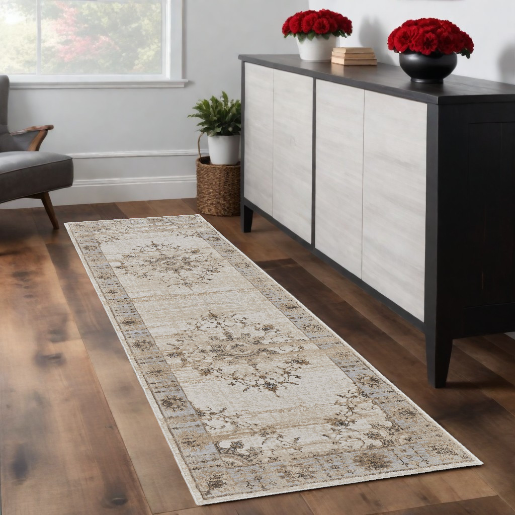 8" Brown and Ivory Oriental Power Loom Distressed Runner Rug