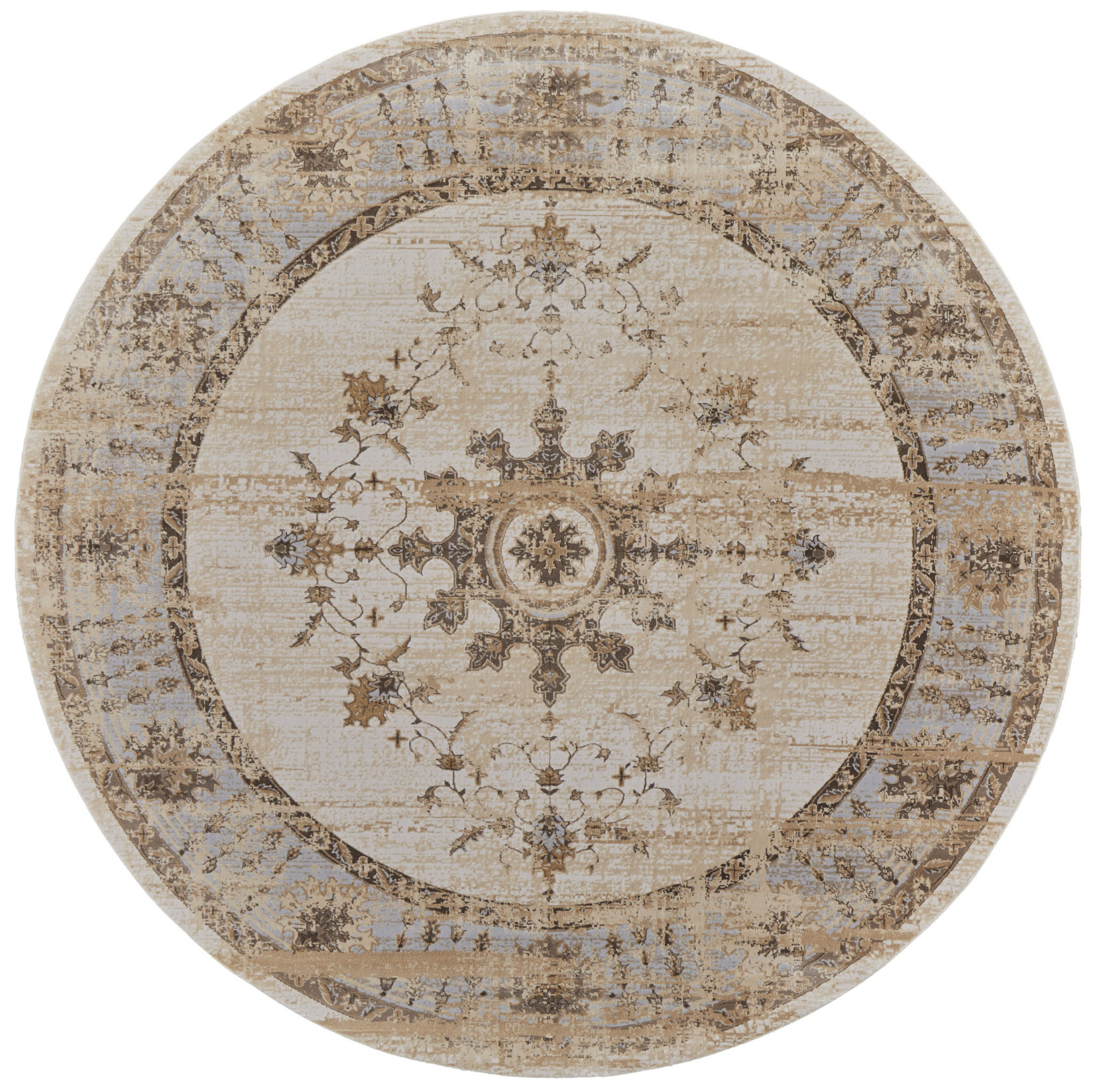 8" Brown and Ivory Round Oriental Power Loom Distressed Area Rug
