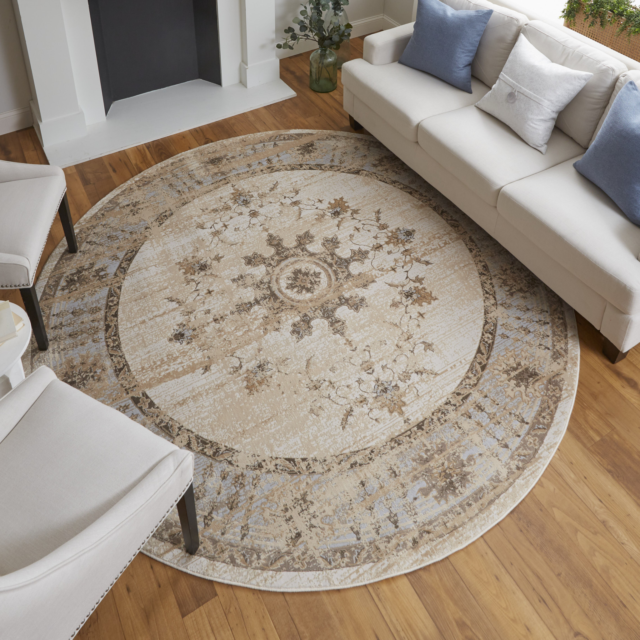 8" Brown and Ivory Round Oriental Power Loom Distressed Area Rug