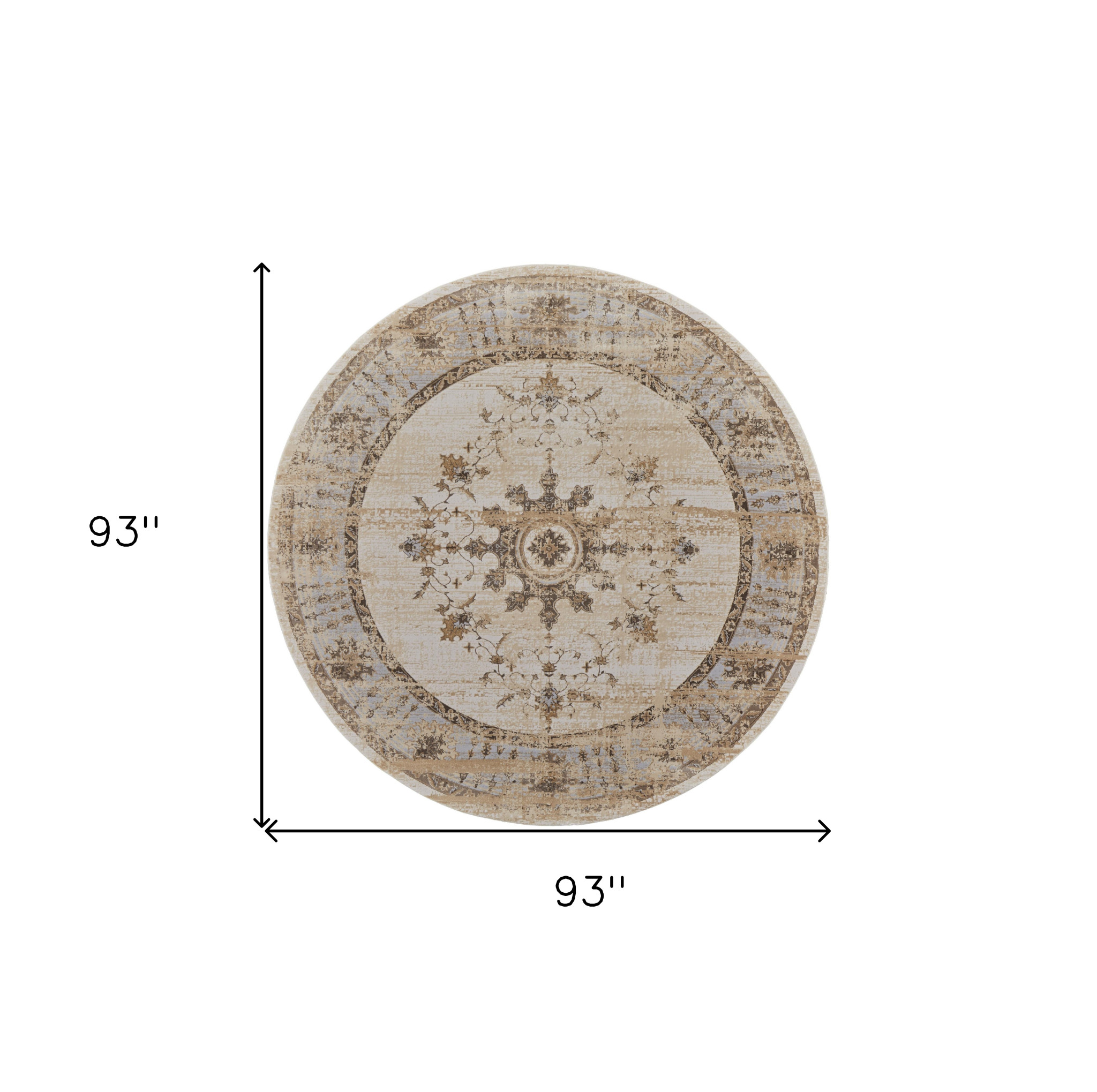 8" Brown and Ivory Round Oriental Power Loom Distressed Area Rug