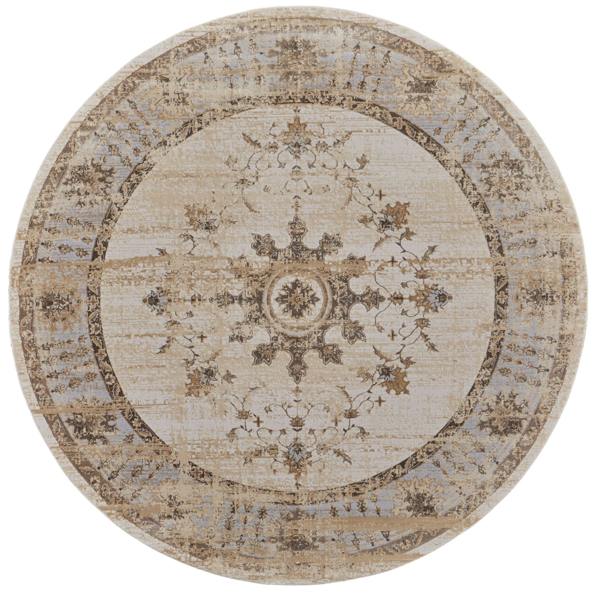 8" Brown and Ivory Round Oriental Power Loom Distressed Area Rug