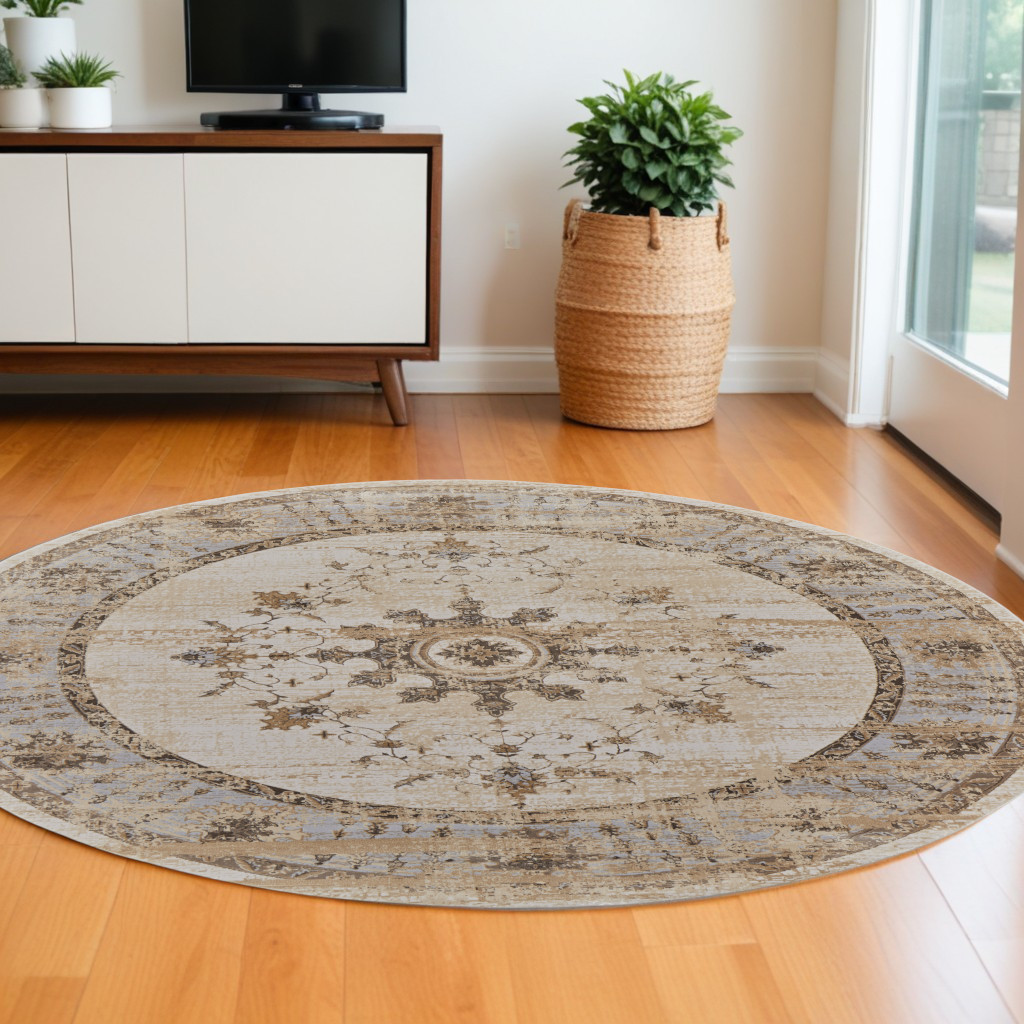 8" Brown and Ivory Round Oriental Power Loom Distressed Area Rug