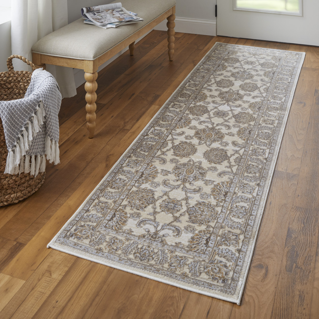 8" Brown and Ivory Oriental Power Loom Distressed Runner Rug