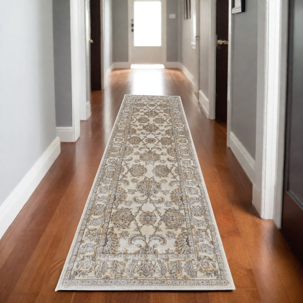8" Brown and Ivory Oriental Power Loom Distressed Runner Rug
