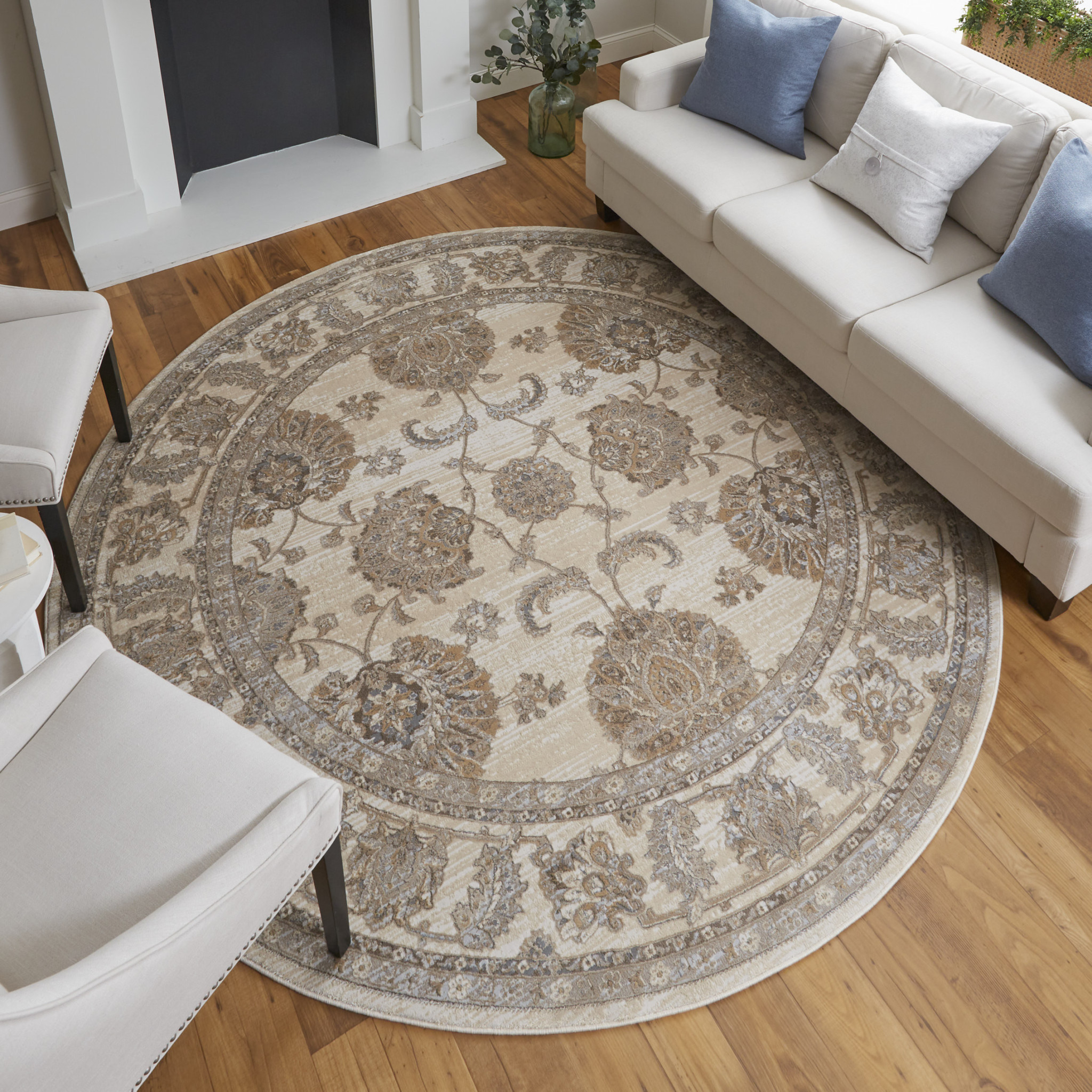 8" Brown and Ivory Round Oriental Power Loom Distressed Area Rug