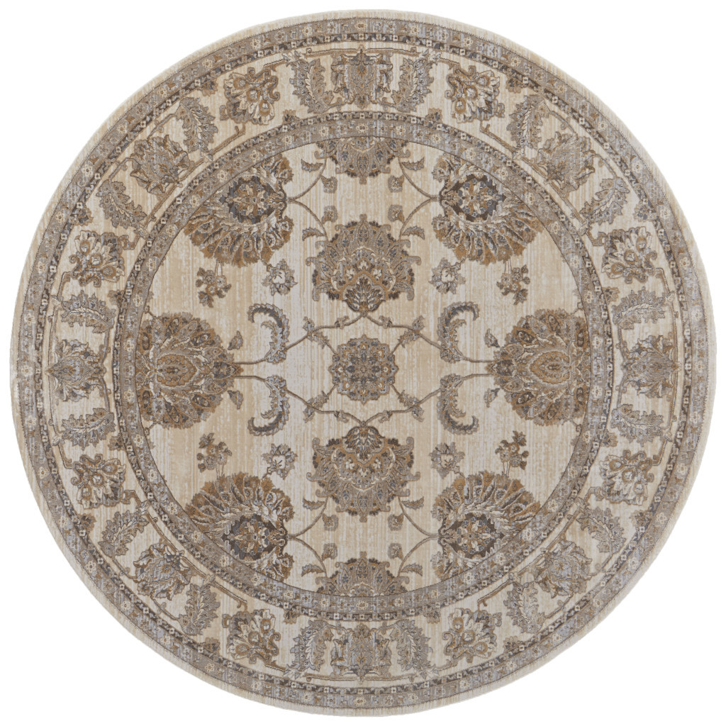 8" Brown and Ivory Round Oriental Power Loom Distressed Area Rug