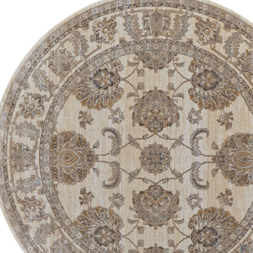 8" Brown and Ivory Round Oriental Power Loom Distressed Area Rug