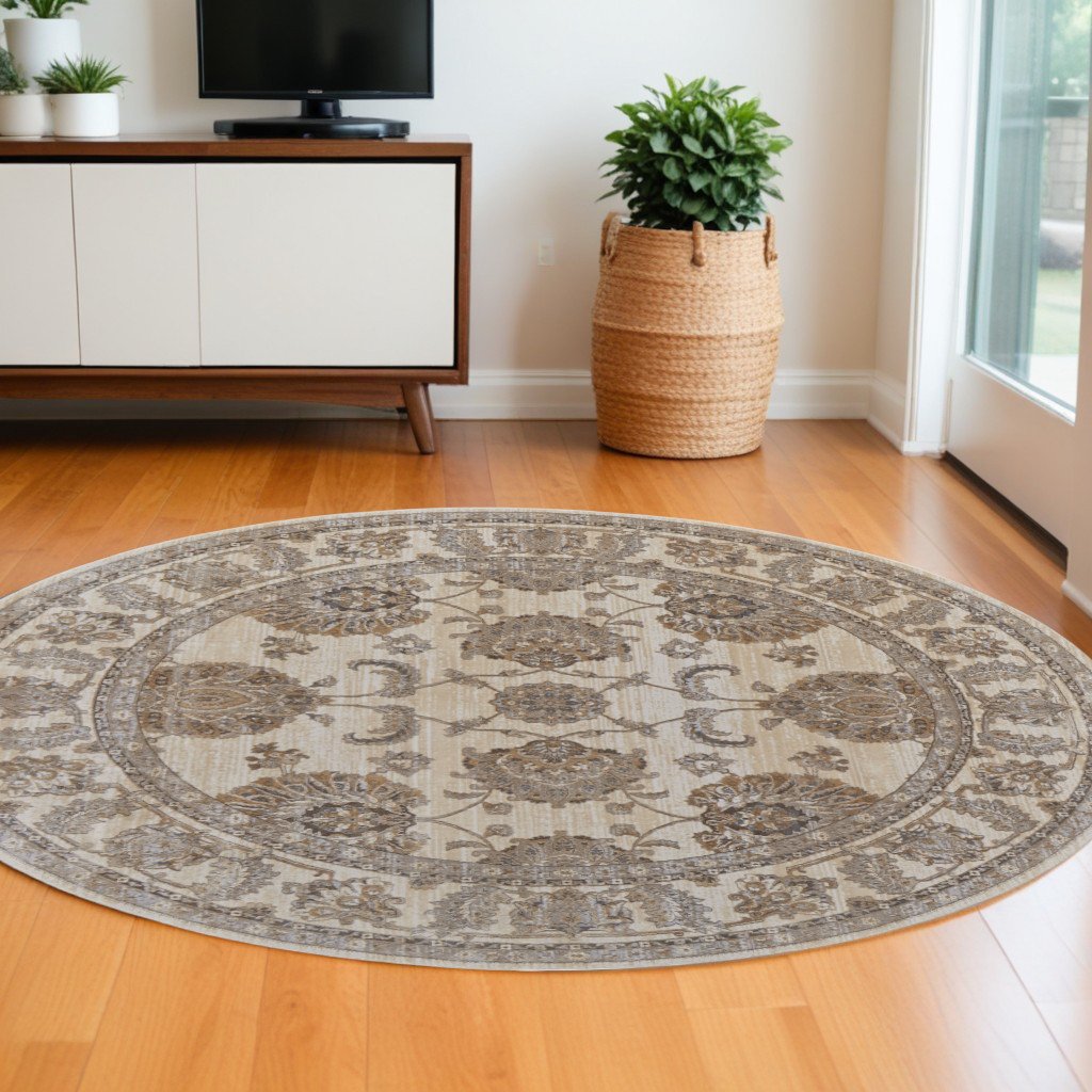 8" Brown and Ivory Round Oriental Power Loom Distressed Area Rug