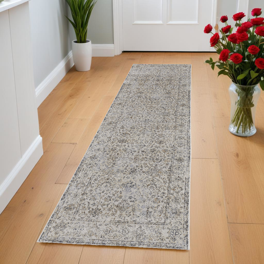 8" Brown and Ivory Oriental Power Loom Distressed Runner Rug