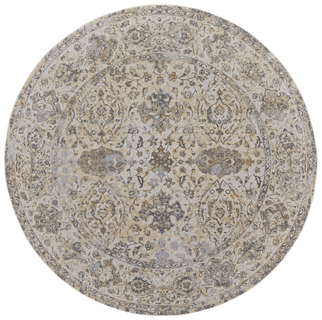 8" Brown and Ivory Round Oriental Power Loom Distressed Area Rug