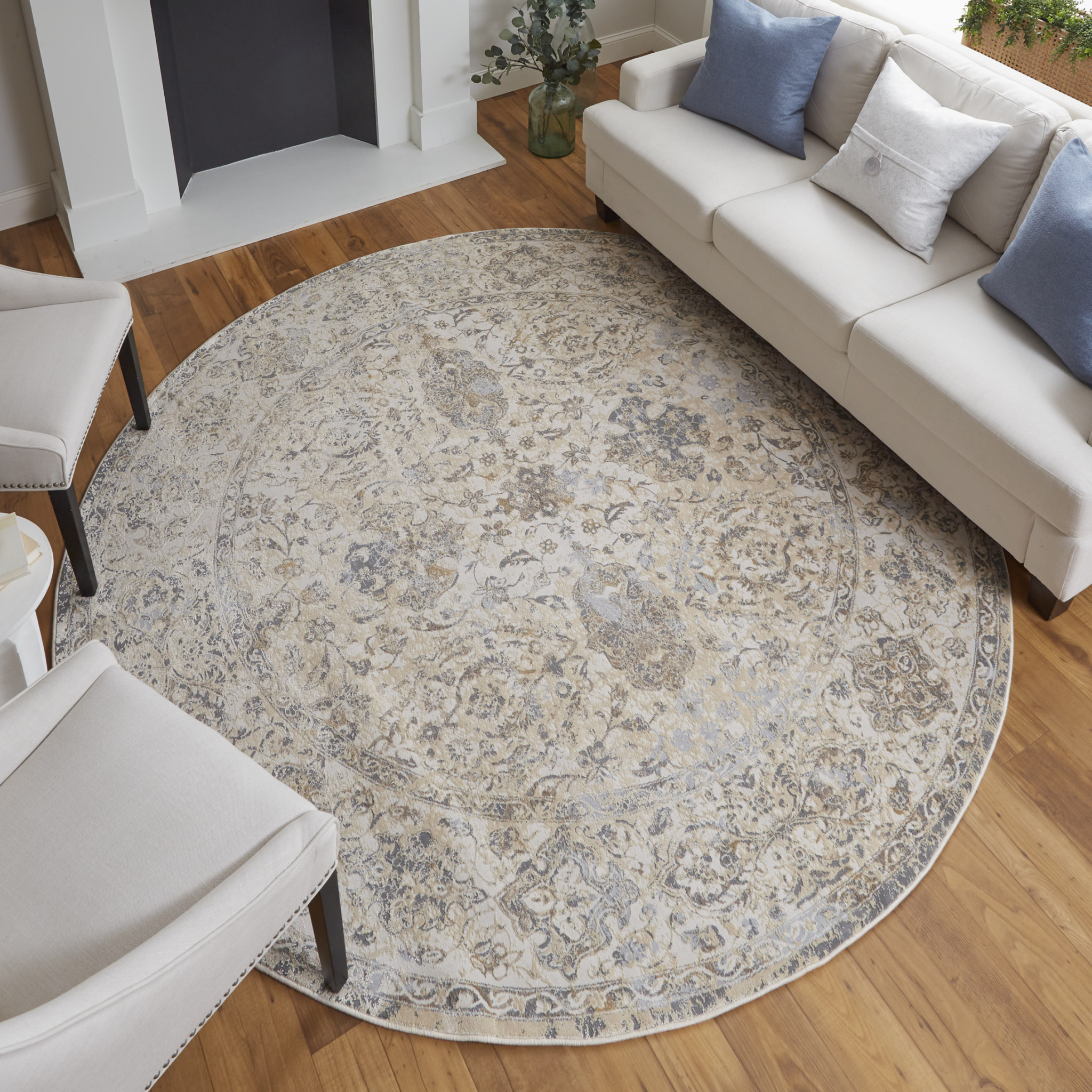 8" Brown and Ivory Round Oriental Power Loom Distressed Area Rug
