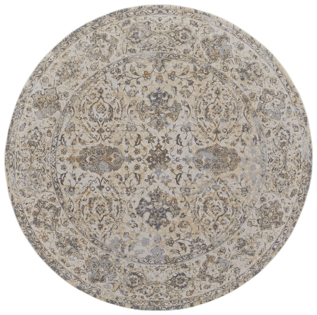 8" Brown and Ivory Round Oriental Power Loom Distressed Area Rug