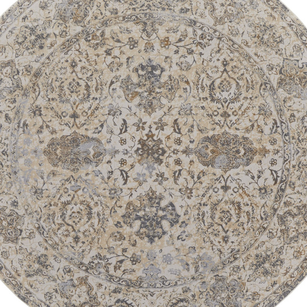8" Brown and Ivory Round Oriental Power Loom Distressed Area Rug