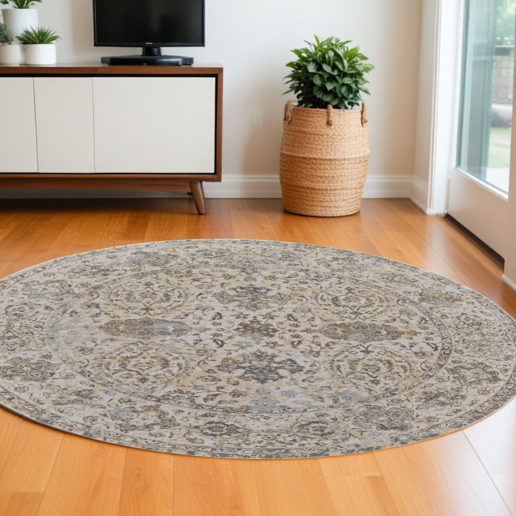 8" Brown and Ivory Round Oriental Power Loom Distressed Area Rug