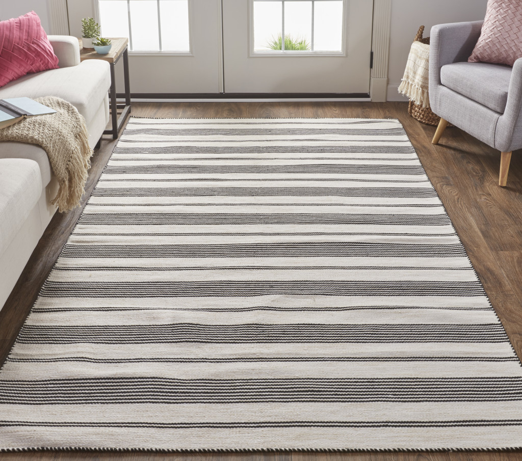 2" X 3" Black And White Striped Dhurrie Hand Woven Stain Resistant Area Rug