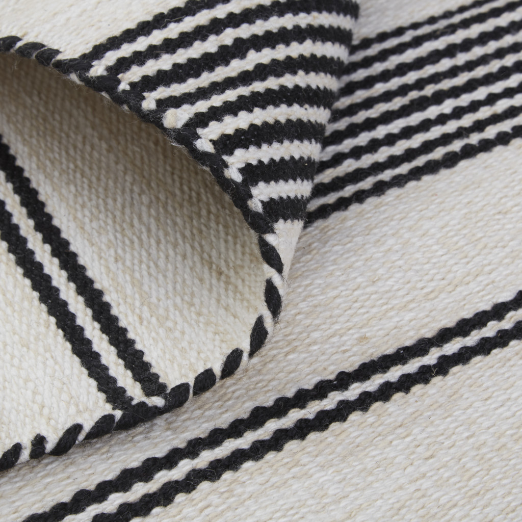 2" X 3" Black And White Striped Dhurrie Hand Woven Stain Resistant Area Rug
