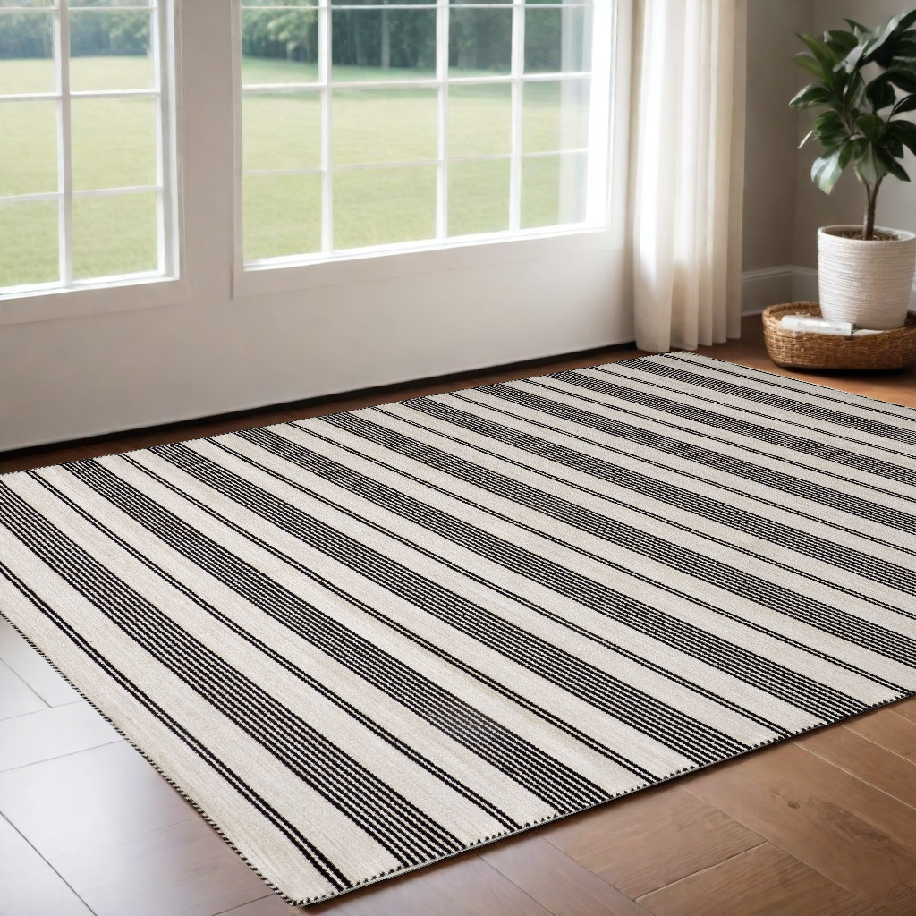 2" X 3" Black And White Striped Dhurrie Hand Woven Stain Resistant Area Rug